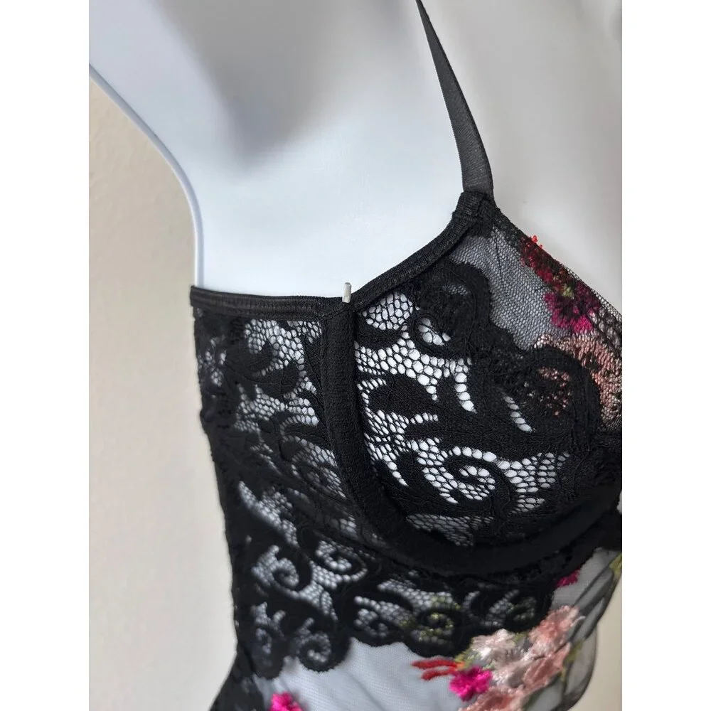 Y2K Bodysuit Small Sheer Lace Floral Embroidered Black Mesh Open Back Lingerie - Picture 3 of 16